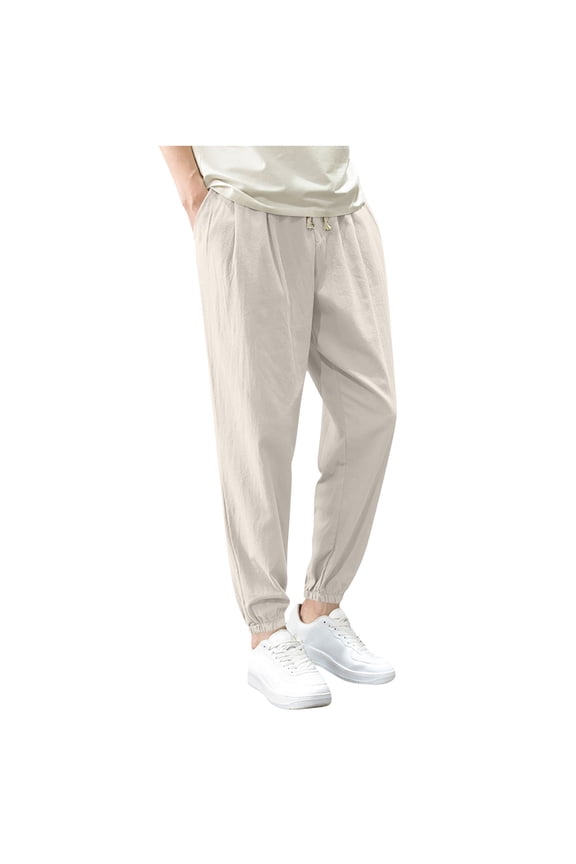 Casual Pants for Men Solid Color Linen Drawstring Elastic Waist Cuffed Trousers Comfortable Summer Daily Lounge Pants