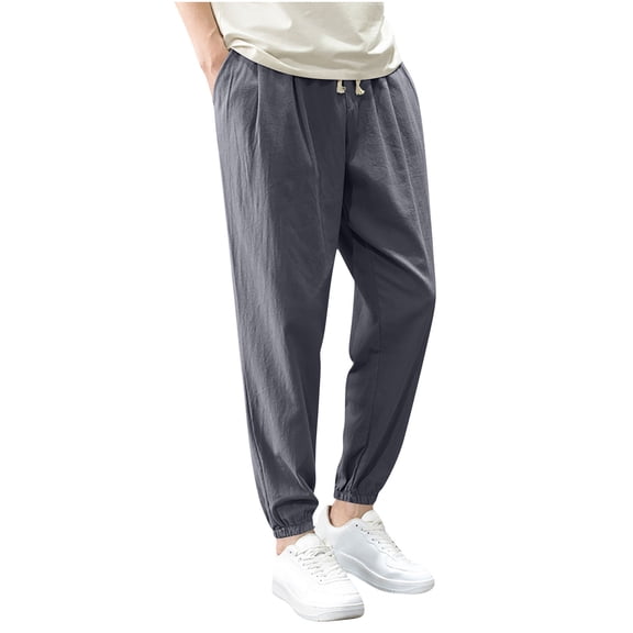 WRKEKC Casual Pants for Men Solid Color Linen Drawstring Elastic Waist Cuffed Trousers Comfortable Summer Daily Lounge Pants