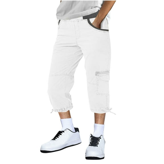 WRKEKC Mens Summer Solid Color Pocket Drawstring Capri Pants Casual Cropped Trousers for Daily Summer Wear Breathable Comfortable Outfit
