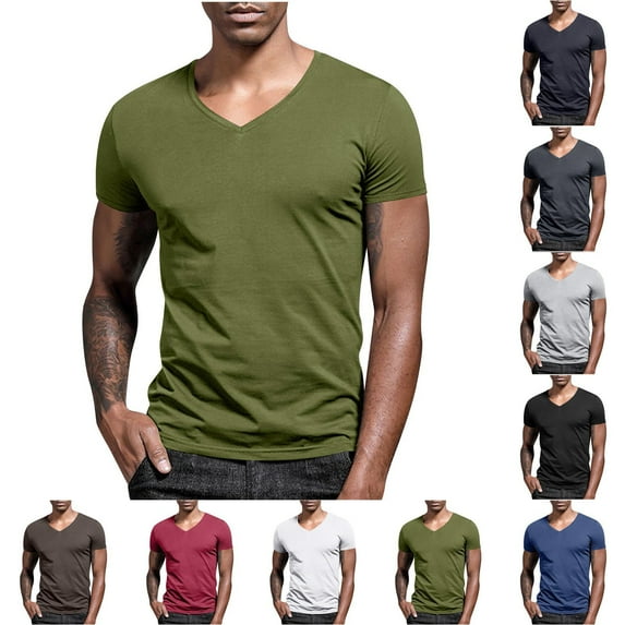 Summer Saving Clearance! WRKEKC Mens Casual T Shirts,Summer Men's Casual Fashion Solid Color Short Sleeve V-Neck Top/Shirt