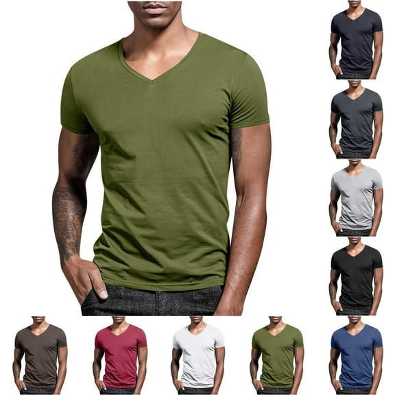 WRKEKC Summer Men's T-Shirts Solid Color V-Neck Short Sleeve Tops for Men Daily Casual Wear Dates Weekend Trips and Summer Gatherings