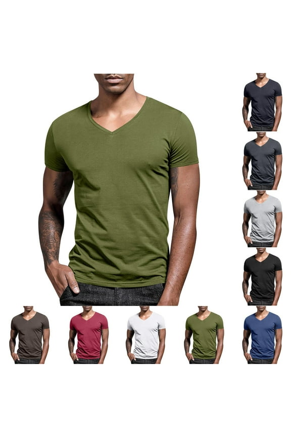 Summer Men's T-Shirts Solid Color V-Neck Short Sleeve Tops for Men Daily Casual Wear Dates Weekend Trips and Summer Gatherings