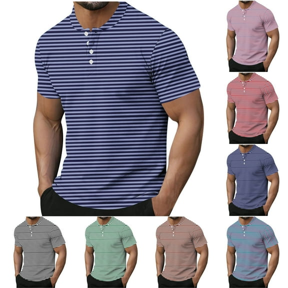 WRKEKC Men's Casual Short Sleeve Shirts Classic Striped Printed Button-Front Crew Neck Top for Men Fashion Daily Wear and Casual Gatherings