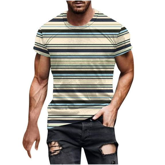 WRKEKC T-Shirts for Men Striped Printed Crew Neck Short Sleeve Tops for Men Daily Casual Wear Gym Workouts and Outdoor Exercises