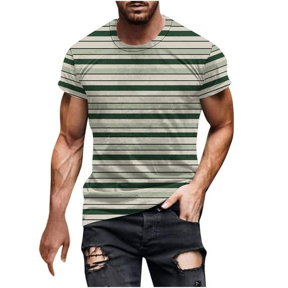 WRKEKC T-Shirts for Men Striped Printed Crew Neck Short Sleeve Tops for Men Daily Casual Wear Gym Workouts and Outdoor Exercises