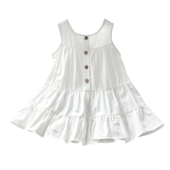 WRKEKC Summer Dresses for Girls Solid Color Sleeveless Round Neck Dress with Delicate Embroidery Drawstring Waist and Ruffled Details Great for 2-14 Years Casual Daily and Party Wear