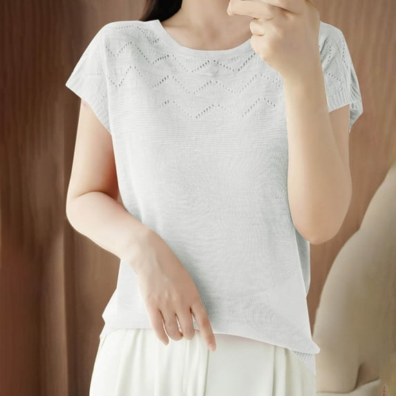 Summer Saving Clearance Women Short Sleeve Tops, Xunlbb Fashion Women's Casual Solid Color Knit Short Sleeve Round-Neck Blouses Shirts(White,M)