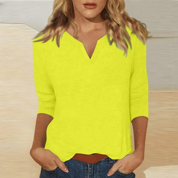 Summer Saving Women Short Sleeve Tops, Xunlbb Women's Solid Color 3/4 Sleeve Overlapping V-Neck Pullover Casual Fashion Tops(Gold,XL)