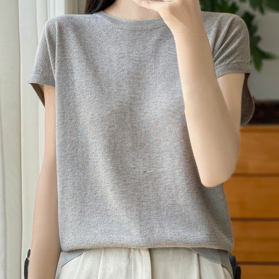 Summer Saving Women T Shirt, Xunlbb Fashion Women's Casual Solid Color Knit Short Sleeve Round-Neck Blouses Shirts(Khaki,XL)