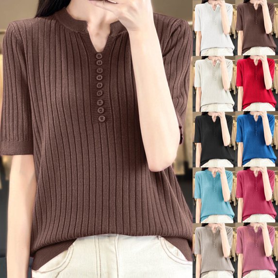 Summer Saving Clearance Women T Shirt, Xunlbb Fashion Women's Casual Solid Color Knit Short Sleeve V-Neck Blouses Shirts(Coffee,M)