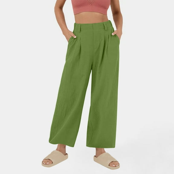 Summer Saving Women's Casual Wide Leg Pants Women Solid Color Cotton And Linen Pocket Elastic Waist Loose Casual Wide Leg Pants Gift for Women, S-2XL