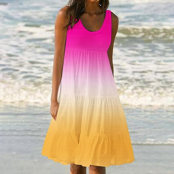 Summer Saving Women's Dresses, Womens Summer Round Neck Print Sleeveless Beach Dress(Hot Pink,S)