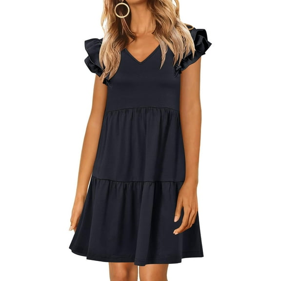 Summer Saving Women's Dresses, Womens Summer Ruffle Sleeve Dress V Neck Vacation Beach Cute Short Sundress(Black,XXL)