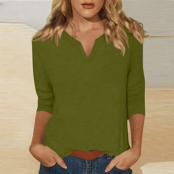 Summer Saving Women's Short Sleeve Tops, Xunlbb Women's Solid Color 3/4 Sleeve Overlapping V-Neck Pullover Casual Fashion Tops(Olive Green,S)