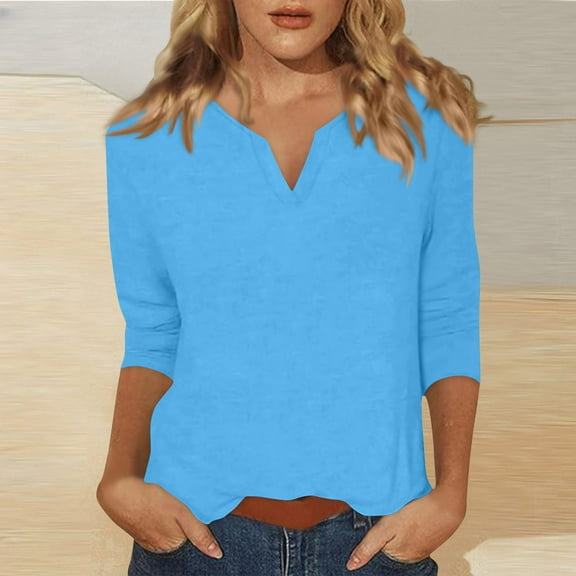 Summer Saving Women's Short Sleeve Tops, Xunlbb Women's Solid Color 3/4 Sleeve Overlapping V-Neck Pullover Casual Fashion Tops(Sky Blue,XXL)