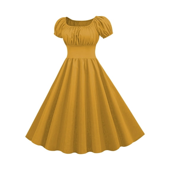 Summer Saving Women's Summer Dresses, Women's Short Sleeved Square Neck Solid Color Dress Short Sleeved Square Neck Dress(Yellow,XXXL)