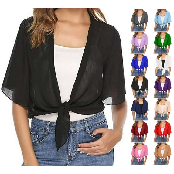 Summer Saving Clearance Women's T-shirts, Xunlbb Women's Soft Chiffon Shawl Wraps For Evening Dress Wedding Cape Bolero Flapper Solid Short Sleeves(Black,S)