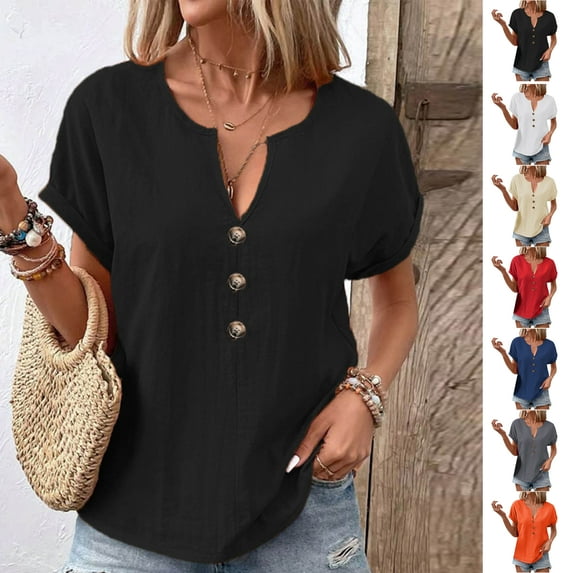 Summer Saving Clearance Womens Tshirts, Xunlbb Women's Casual Oversize Solid V-Neck Cotton And Linen Hooded Short Sleeve Blouse T-shirt(Black,S)