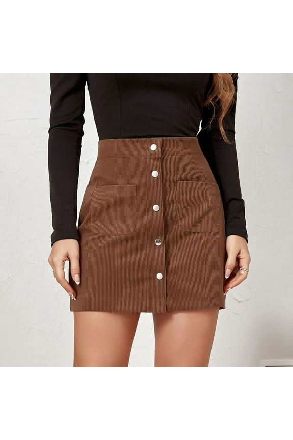 Summer Saving Clearance! Xixinqiwan Corduroy Skirt for Women Button Dow High Waisted Short Pencil Bodycon Skirts Vintage Cute A-Line Mini Skirts
