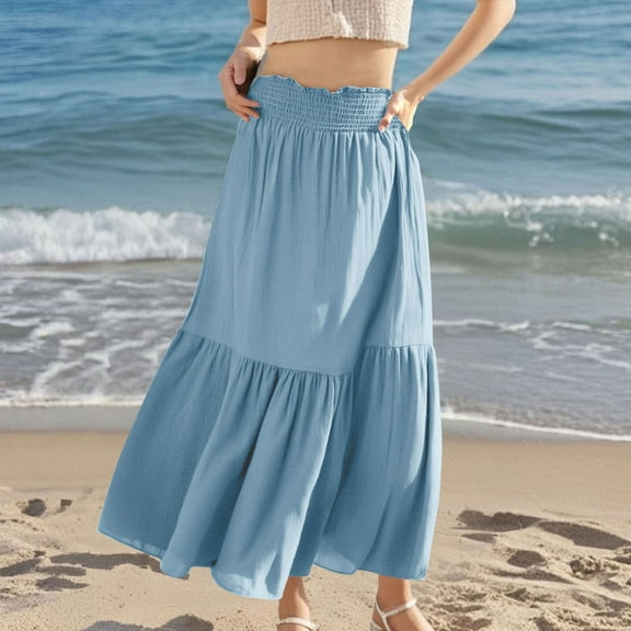 Summer Saving Clearance! Xixinqiwan Women’s Summer Beach Maxi Skirts Smocked High Wasited Tiered Ruffle A Line Flowy Skirt