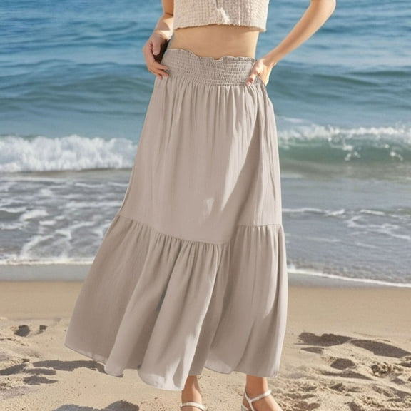 Summer Saving Clearance! Xixinqiwan Women’s Summer Beach Maxi Skirts Smocked High Wasited Tiered Ruffle A Line Flowy Skirt