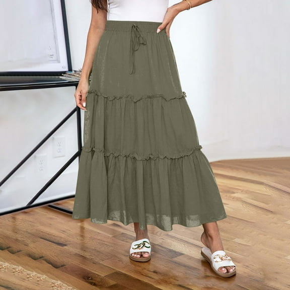 Summer Saving Clearance! Xixinqiwan Women's Summer Maxi Skirt Casual Elegant Smock Layered Tiered Skirt High Waisted A Line Flowy Skirts