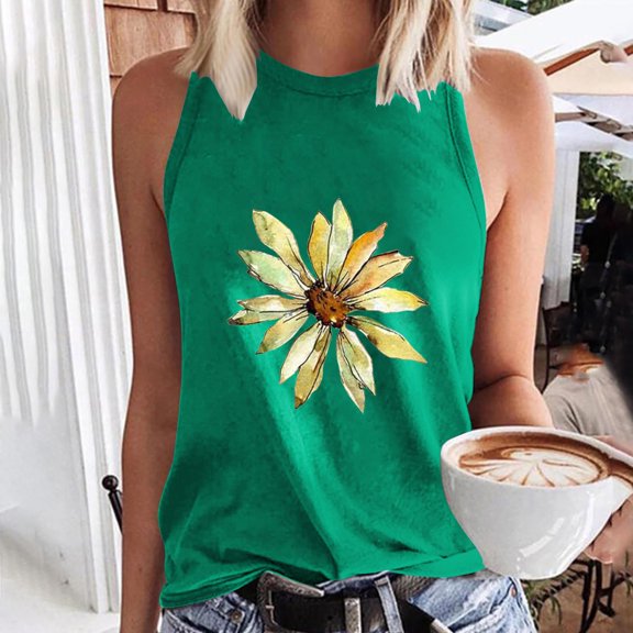 Xixinqiwan Womens Casual Graphic Tee Summer Crew Neck Tank Tops Comfy Loose Basic T-Shirts Sleeveless Tunic Tops