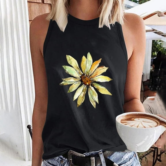 Xixinqiwan Womens Casual Graphic Tee Summer Crew Neck Tank Tops Comfy Loose Basic T-Shirts Sleeveless Tunic Tops