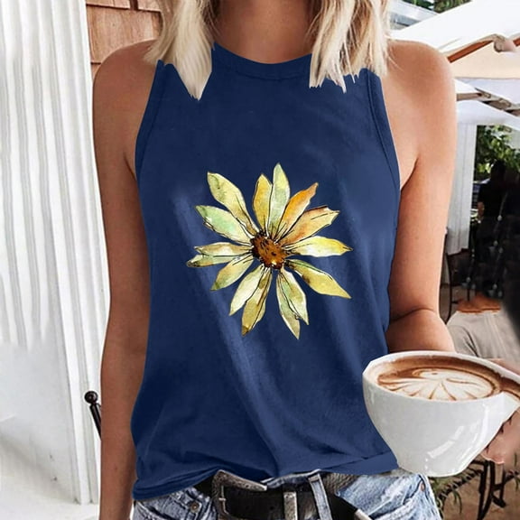 Xixinqiwan Womens Casual Graphic Tee Summer Crew Neck Tank Tops Comfy Loose Basic T-Shirts Sleeveless Tunic Tops