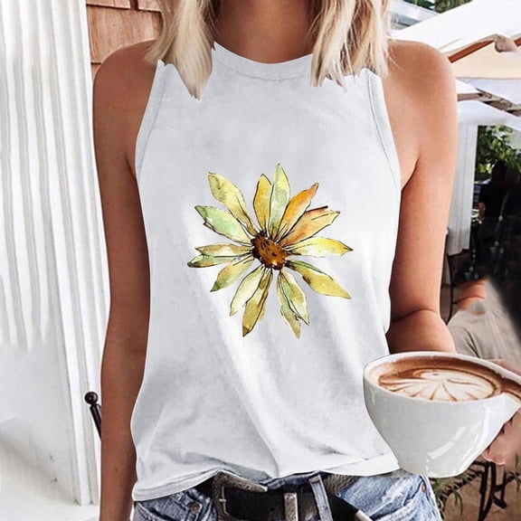 Xixinqiwan Womens Casual Graphic Tee Summer Crew Neck Tank Tops Comfy Loose Basic T-Shirts Sleeveless Tunic Tops
