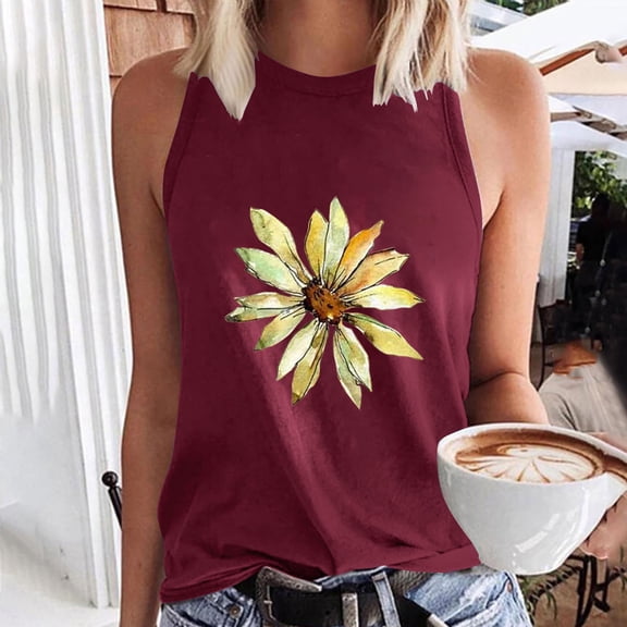 Xixinqiwan Womens Casual Graphic Tee Summer Crew Neck Tank Tops Comfy Loose Basic T-Shirts Sleeveless Tunic Tops