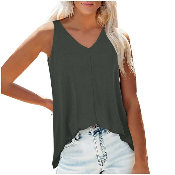 Summer Saving Clearance fheaev summer tank tops for wommen loose fit Tunic Vest top Women's Front And Back V Neck Flowing Summer Beach V Neck Tank Top