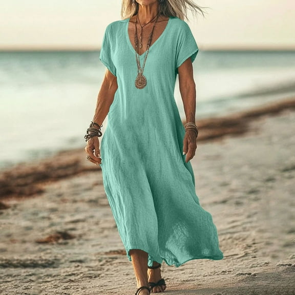 Summer Saving Clearane Plus Size Dresses, Women's Solid Color Linen Short Sleeved V-neck Dress Skirt(Light Green,XXXXXL)