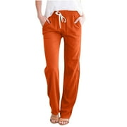 Summer Saving Clearlence! Funicet Casual Pants for Women Wide Leg Pants Solid Elastic Waist Loose Long Pants with Pocket Dark Orange XXL