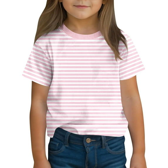 Summer Shirts for Children Boys and Girls Fashion Casual Summer Short Sleeve Crew Neck Striped Tops for 3-14 Years Old Pink