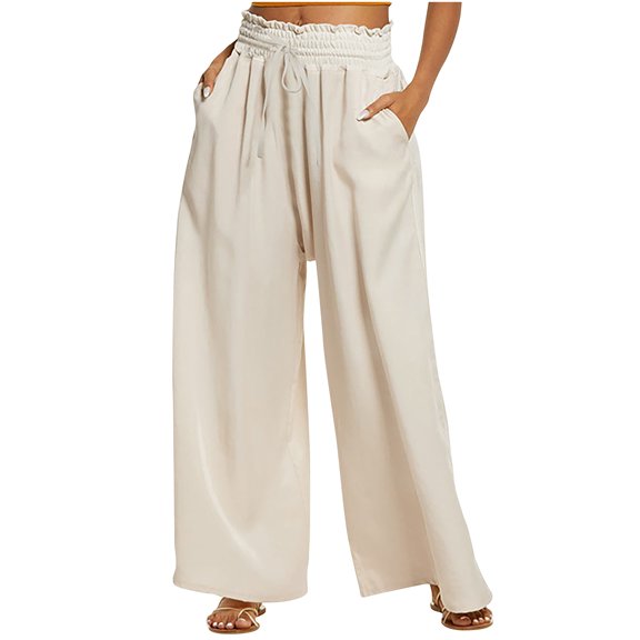 Pants for Women Womens Drawstring Elastic Waist Pants Casual Solid Pleated Loose Wide Leg Palazzo Trousers Ladies Fall Lightweight Pocket Long Pants