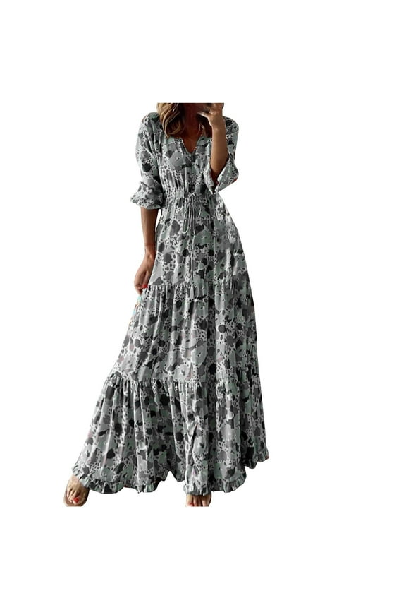 Summer Saving Dresses for Women 2024 Fall Plus Size Fashion High Waist Flowy Ruffle Swing Lantern Sleeve Long Dresses Camouflage Elbow-Length V-Neck Maxi Formal Dresses for Women Gray XXL