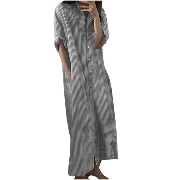 Summer Saving Dresses for Women 2024 Loose Fashion Button Down Breathable Cotton Linen Shirt Maxi Dresses with Pockets Striped Print Short Sleeve Lapel Long Formal Dresses for Women Black XXL