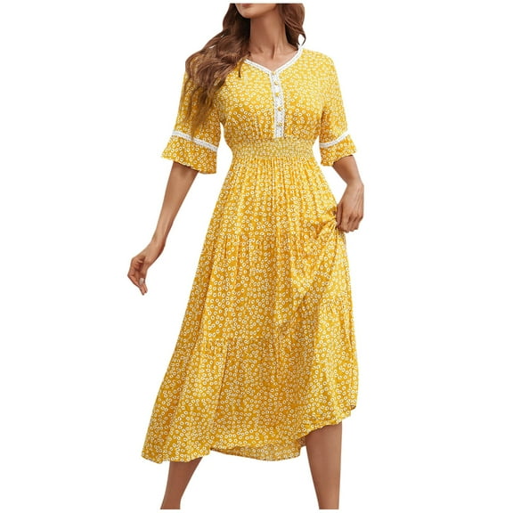 Summer Saving! Fashion Dresses for Womens 2025 Plus Size Fallow Short Sleeve V-Neck Lace Button Dress