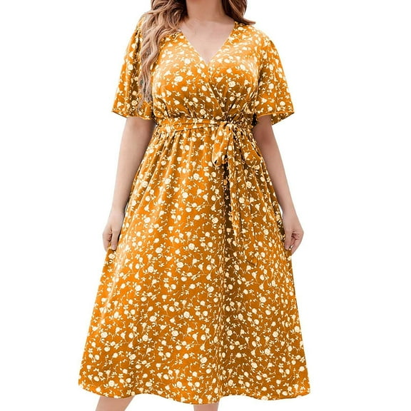Summer Saving! Fashion Dresses for Womens 2025 Plus Size Oversize Casual Short Sleeve V Neck Printed Sleeve Dresses Loose Dress