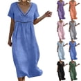 thumbnail image 1 of Summer Fashion Dresses for Womens 2026 Plus Size Cotton And Linen Solid Color Dress Short Sleeved V-neck Lace Trimmed Loose Casual Summer Beach Dress, 1 of 9