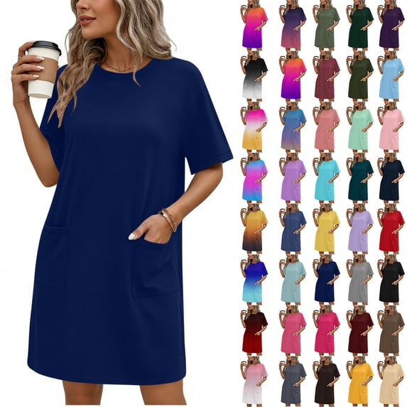 Summer Saving! Fashion Dresses for Womens 2025 Plus Size Solid Color Causal Zipper Neck Short Sleeve Vacation Cold Shoulder Dress