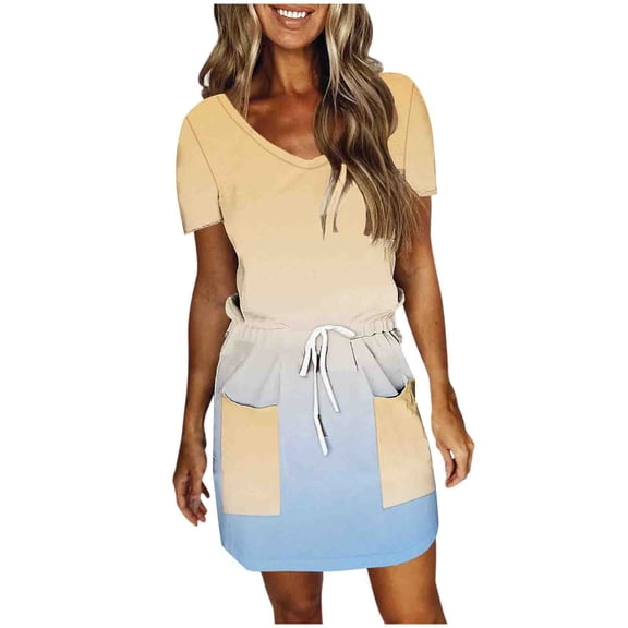 Fashion Dresses for Womens 2025 Plus Size Solid Color Short Sleeve V-Neck Mid-Calf Dress