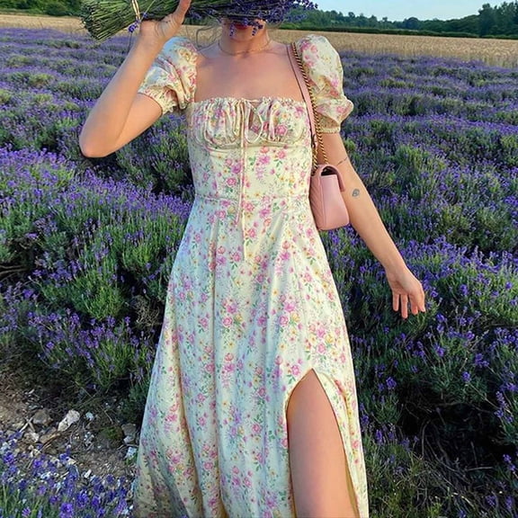 Summer Saving Formal Dresses for Women Beach Cute Puff Sleeve Tie Front Empire Waist Slit Swing Long Sundress Short Sleeve Square Neck Floral Print 2023 Summer Maxi Dress Yellow XL