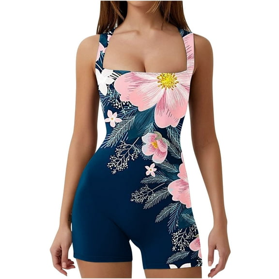 Rompers for Women Vintage Leopard Graphics Sports Workout Bodycon Tank Jumpsuits Summer Casual Square Neck Sleeveless Formal Floral Print Short Womens Jumpsuits on