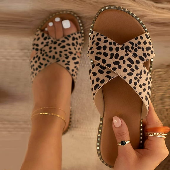 Summer Saving! Tuobarr Sandals Women Dressy Summer Flat,Womens Studded Flat Sandals Open Toe Slip On Mule Slides Crossed Strap Slipper,Brown US Size 5.5