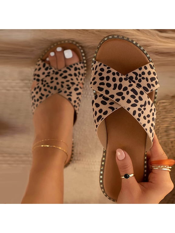 Summer Saving! Tuobarr Sandals Women Dressy Summer Flat,Womens Studded Flat Sandals Open Toe Slip On Mule Slides Crossed Strap Slipper,Brown US Size 5.5