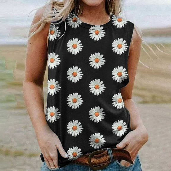Summer Saving Usmisi Tank Tops Daisy Print Round Neck Sleeveless T Shirts for Women Plus Size Casual Summer Racerback Vest Blouse Black XXXL Up to 65% off