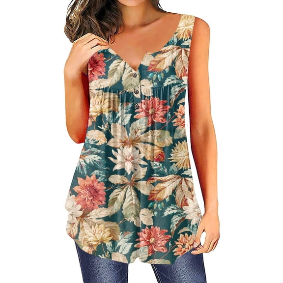 Summer Saving Usmisi Tank Tops Floral Round Neck Sleeveless T Shirts for Women Button Down Loose Flowy Pleated Swing Vest Tunic Multicolor M Up to 65% off