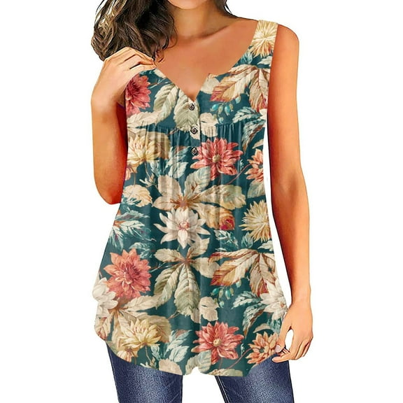 Summer Saving Wycnly Womens Tank Tops Floral Round Neck Sleeveless Shirts Button Down Loose Flowy Pleated Swing Vest Tunic Multicolor XL Up to 65% off